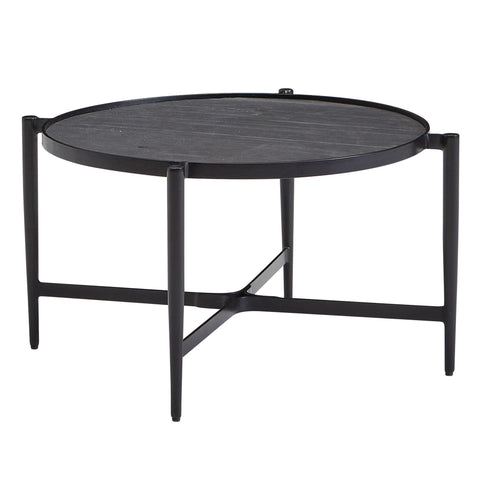 Rootz Couchtisch – Runder Wohnzimmertisch im Industriedesign – Moderner Couchtisch aus Stein – Beistelltisch – Stilvoller Wohnzimmertisch – Stein und anthrazitfarbenes Metall – 70 x 70 x 38 cm