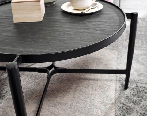 Rootz Couchtisch – Runder Wohnzimmertisch im Industriedesign – Moderner Couchtisch aus Stein – Beistelltisch – Stilvoller Wohnzimmertisch – Stein und anthrazitfarbenes Metall – 70 x 70 x 38 cm