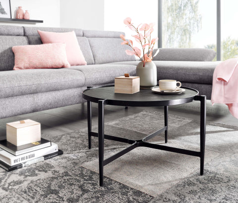 Rootz Couchtisch – Runder Wohnzimmertisch im Industriedesign – Moderner Couchtisch aus Stein – Beistelltisch – Stilvoller Wohnzimmertisch – Stein und anthrazitfarbenes Metall – 70 x 70 x 38 cm