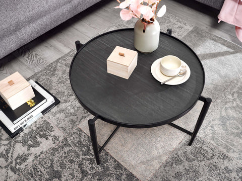 Rootz Couchtisch – Runder Wohnzimmertisch im Industriedesign – Moderner Couchtisch aus Stein – Beistelltisch – Stilvoller Wohnzimmertisch – Stein und anthrazitfarbenes Metall – 70 x 70 x 38 cm