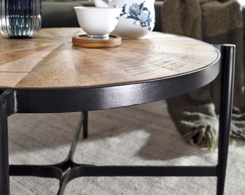 Rootz Couchtisch – Runder Wohnzimmertisch im Industriedesign – Moderner Couchtisch aus Holz – Beistelltisch – Stilvoller Wohnzimmertisch – Mango-Massivholz und Metall – 70 x 70 x 38 cm