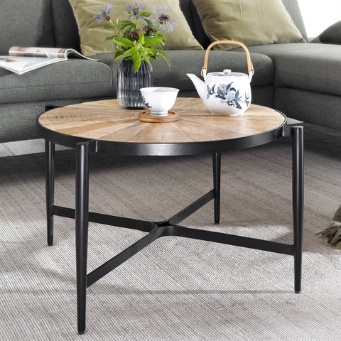 Rootz Couchtisch – Runder Wohnzimmertisch im Industriedesign – Moderner Couchtisch aus Holz – Beistelltisch – Stilvoller Wohnzimmertisch – Mango-Massivholz und Metall – 70 x 70 x 38 cm
