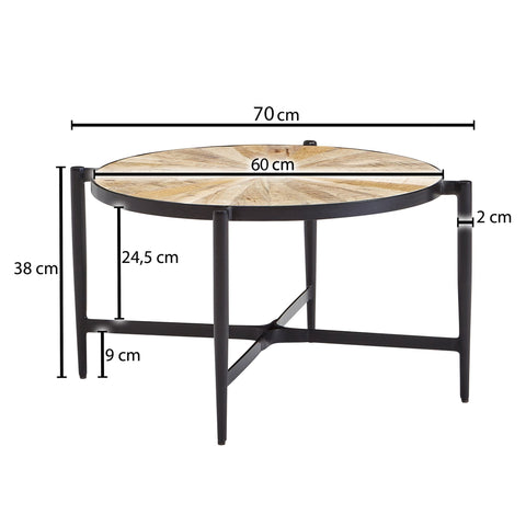 Rootz Couchtisch – Runder Wohnzimmertisch im Industriedesign – Moderner Couchtisch aus Holz – Beistelltisch – Stilvoller Wohnzimmertisch – Mango-Massivholz und Metall – 70 x 70 x 38 cm