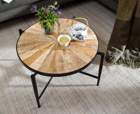 Rootz Couchtisch – Runder Wohnzimmertisch im Industriedesign – Moderner Couchtisch aus Holz – Beistelltisch – Stilvoller Wohnzimmertisch – Mango-Massivholz und Metall – 70 x 70 x 38 cm