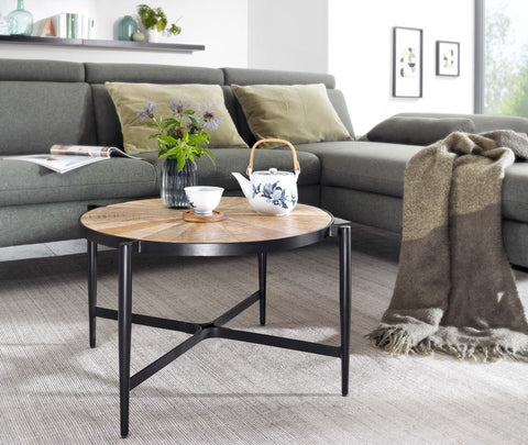 Rootz Couchtisch – Runder Wohnzimmertisch im Industriedesign – Moderner Couchtisch aus Holz – Beistelltisch – Stilvoller Wohnzimmertisch – Mango-Massivholz und Metall – 70 x 70 x 38 cm