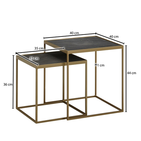 Rootz Quadratischer Couchtisch – 2-teiliges Tischset – eckiger Beistelltisch aus Stein-Metall und Industriedesign – Tischset zum Zusammenstellen