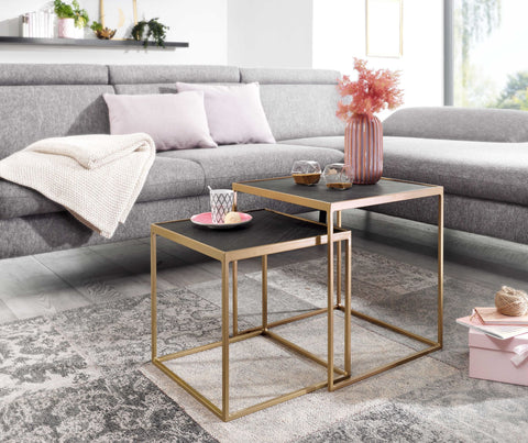 Rootz Quadratischer Couchtisch – 2-teiliges Tischset – eckiger Beistelltisch aus Stein-Metall und Industriedesign – Tischset zum Zusammenstellen