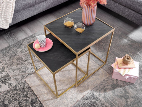 Rootz Quadratischer Couchtisch – 2-teiliges Tischset – eckiger Beistelltisch aus Stein-Metall und Industriedesign – Tischset zum Zusammenstellen