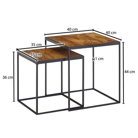 Rootz Wohnzimmertisch-Set – 2-teiliger Metall-Beistelltisch &amp; quadratischer Couchtisch im Industriedesign – quadratischer Beistelltisch – Satztisch-Tischset – Mango-Massivholz 