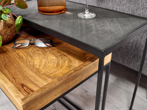 Rootz 2-teiliges Wohnzimmertisch-Set – Beistelltisch aus Stein und rechteckiger Couchtisch im Industriedesign – quadratischer Beistelltisch – Tischset für den Satztisch – Mango-Massivholz 