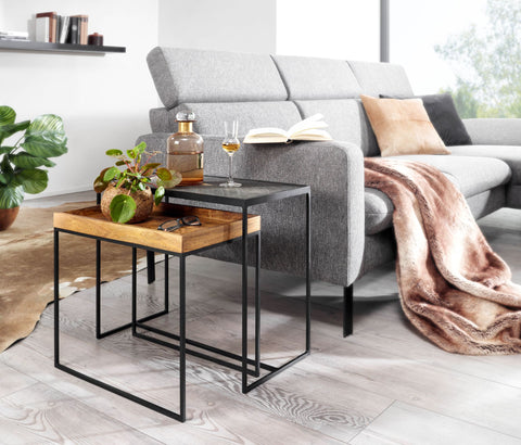 Rootz 2-teiliges Wohnzimmertisch-Set – Beistelltisch aus Stein und rechteckiger Couchtisch im Industriedesign – quadratischer Beistelltisch – Tischset für den Satztisch – Mango-Massivholz 