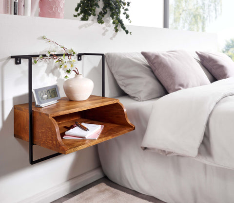 Rootz Bedside Table - Wall Mounted - Nightstand with Shelf - Floating Wall Board for Box Spring Bed - Hanging Wall Console - Solid Mango Wood - 44x45x35 cm