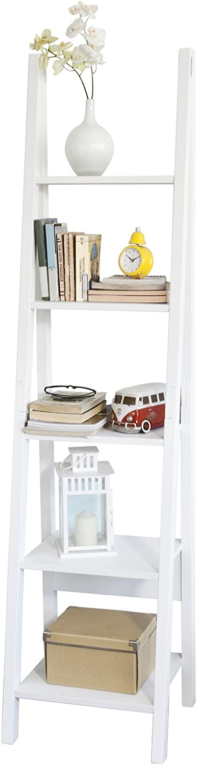 Rootz White Modern 5 Tiers Ladder Shelf, Storage Display Shelving Wall Shelf Bookcase