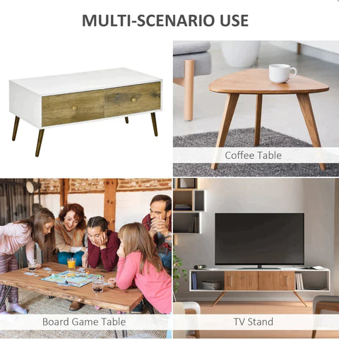 Rootz Coffee Table - Coffee Table With Two Drawers - Side Table - Storage Cabinet - Scandinavian-style - White/Brown - 100 cm x 53.5 cm x 45 cm