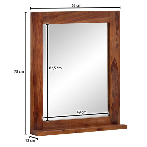 Rootz Bathroom Mirror - Design Wall Mirror with Shelf - Modern Hanging Mirror - Sheesham Wood - 65x78x12 cm
