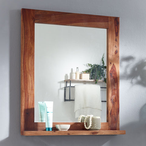Rootz Bathroom Mirror - Design Wall Mirror with Shelf - Modern Hanging Mirror - Sheesham Wood - 65x78x12 cm