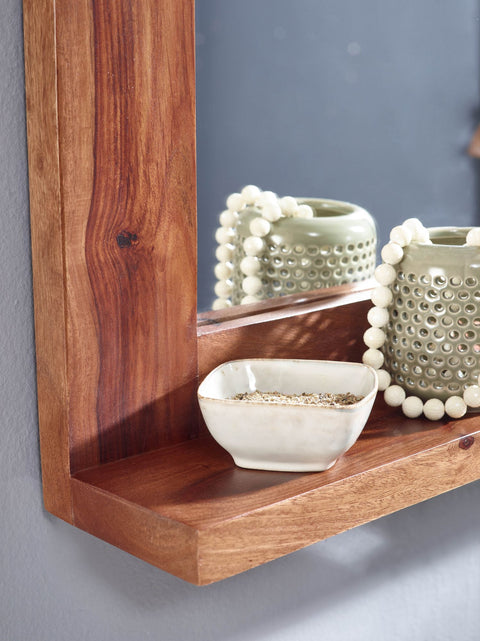 Rootz Bathroom Mirror - Design Wall Mirror with Shelf - Modern Hanging Mirror - Sheesham Wood - 65x78x12 cm