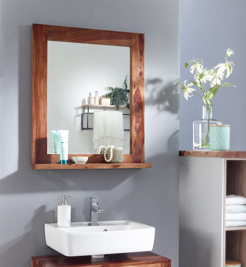 Rootz Bathroom Mirror - Design Wall Mirror with Shelf - Modern Hanging Mirror - Sheesham Wood - 65x78x12 cm