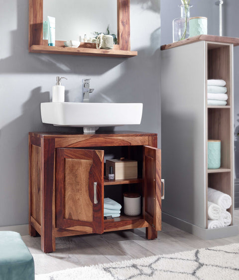 Rootz 2-Door Bathroom Cabinet  - Standing Base Cabinet - Small Midi Cabinet - Sheesham Wood - 65x61x35 cm