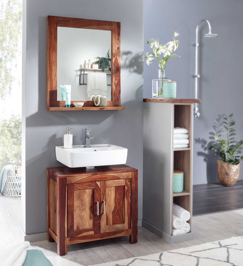 Rootz 2-Door Bathroom Cabinet  - Standing Base Cabinet - Small Midi Cabinet - Sheesham Wood - 65x61x35 cm