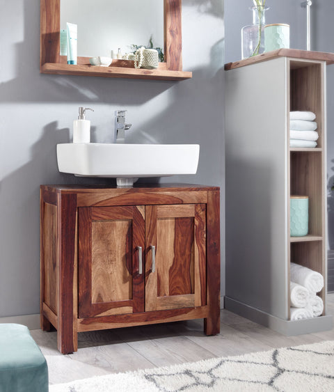 Rootz 2-Door Bathroom Cabinet  - Standing Base Cabinet - Small Midi Cabinet - Sheesham Wood - 65x61x35 cm