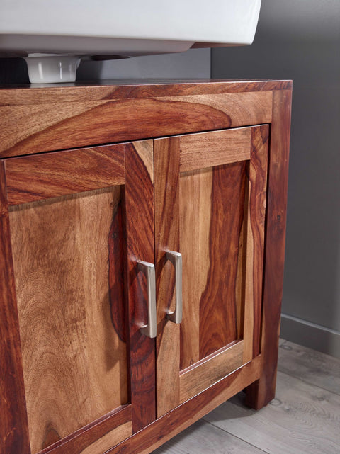 Rootz 2-Door Bathroom Cabinet  - Standing Base Cabinet - Small Midi Cabinet - Sheesham Wood - 65x61x35 cm