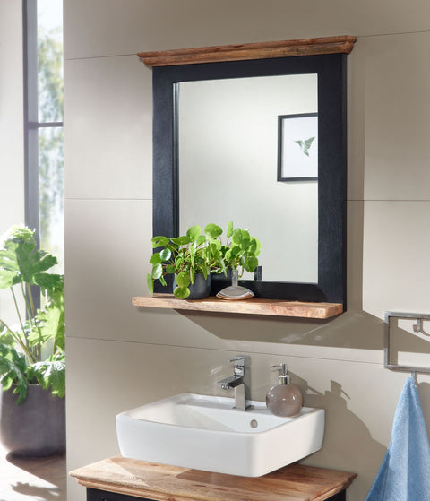Rootz Bathroom Mirror - Design Wall Mirror with Shelf - Modern Hanging Mirror - Mango Wood - Black - 73x78x15 cm