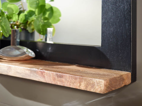 Rootz Bathroom Mirror - Design Wall Mirror with Shelf - Modern Hanging Mirror - Mango Wood - Black - 73x78x15 cm