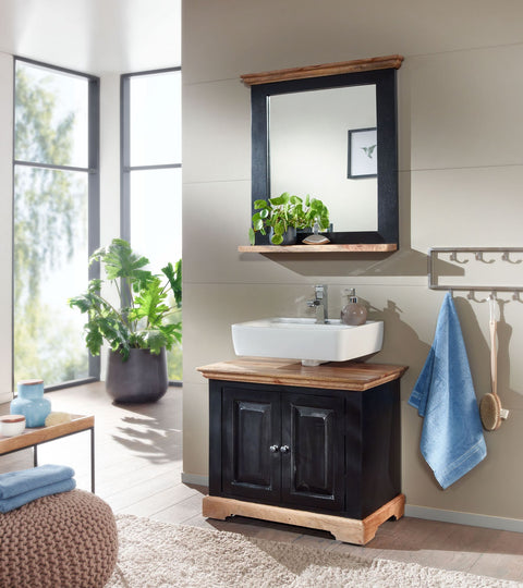 Rootz Bathroom Mirror - Design Wall Mirror with Shelf - Modern Hanging Mirror - Mango Wood - Black - 73x78x15 cm