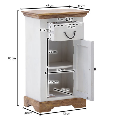 Rootz Bathroom Cabinet - Compact Standing Cabinet with Drawer and Door - Ideal for Narrow Spaces - White Mango Wood - 47x80x32 cm