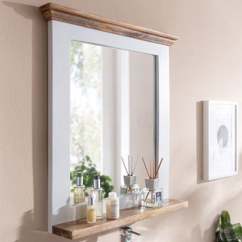 Rootz Bathroom Mirror - Mango Solid Wood - Wall-Mounted Design with Shelf - Contemporary White Mirror for Bathroom - 73x78x15 cm
