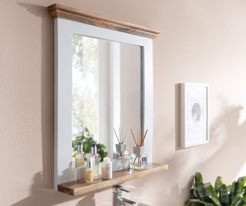 Rootz Bathroom Mirror - Mango Solid Wood - Wall-Mounted Design with Shelf - Contemporary White Mirror for Bathroom - 73x78x15 cm