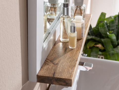 Rootz Bathroom Mirror - Mango Solid Wood - Wall-Mounted Design with Shelf - Contemporary White Mirror for Bathroom - 73x78x15 cm