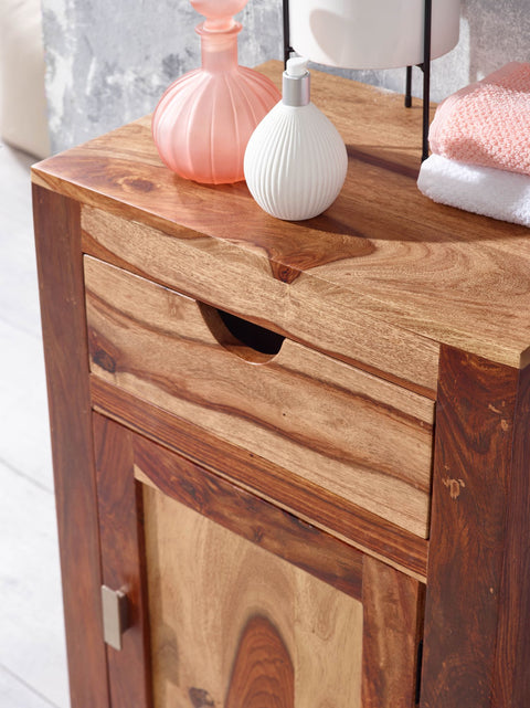 Rootz Bathroom Cabinet - Standing Utility Closet with Drawer and Door - Compact and Functional Bathroom Storage - Solid Sheesham Wood - 46x80x30 cm