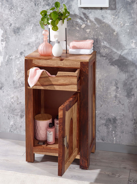 Rootz Bathroom Cabinet - Standing Utility Closet with Drawer and Door - Compact and Functional Bathroom Storage - Solid Sheesham Wood - 46x80x30 cm
