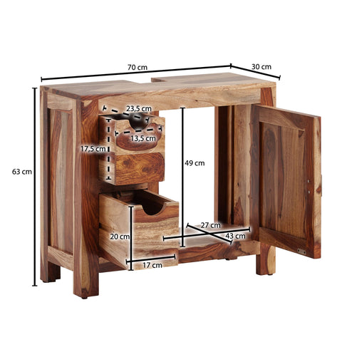 Rootz Badezimmerschrank – Kompakter Standunterschrank mit Schubladen – Kleine und funktionale Aufbewahrungslösung – Massives Palisanderholz – 70 x 63 x 30 cm