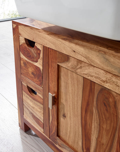 Rootz Badezimmerschrank – Kompakter Standunterschrank mit Schubladen – Kleine und funktionale Aufbewahrungslösung – Massives Palisanderholz – 70 x 63 x 30 cm