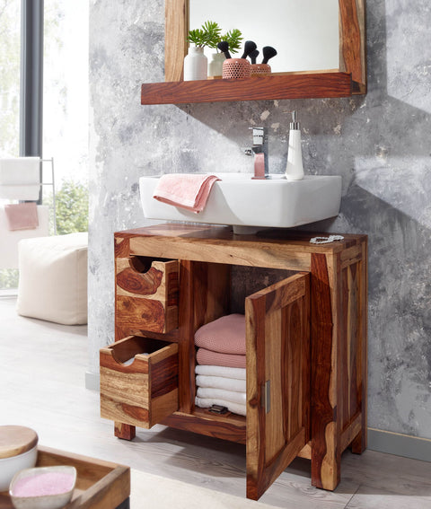 Rootz Badezimmerschrank – Kompakter Standunterschrank mit Schubladen – Kleine und funktionale Aufbewahrungslösung – Massives Palisanderholz – 70 x 63 x 30 cm