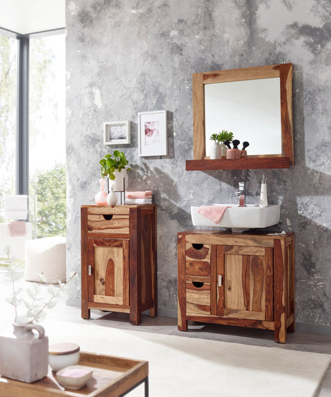 Rootz Badezimmerschrank – Kompakter Standunterschrank mit Schubladen – Kleine und funktionale Aufbewahrungslösung – Massives Palisanderholz – 70 x 63 x 30 cm