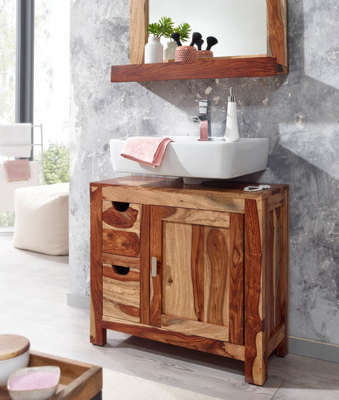 Rootz Badezimmerschrank – Kompakter Standunterschrank mit Schubladen – Kleine und funktionale Aufbewahrungslösung – Massives Palisanderholz – 70 x 63 x 30 cm