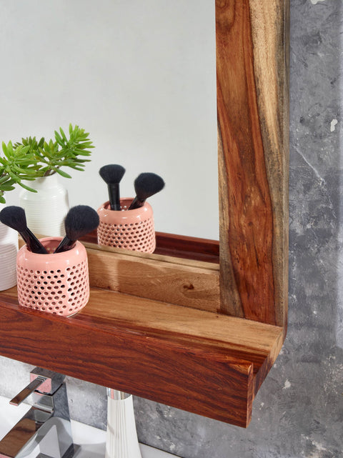 Rootz Bathroom Mirror - Wall-Mounted Design Mirror with Shelf - Modern and Stylish Bathroom Decor - Solid Sheesham Wood - 70x68x17 cm