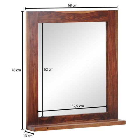 Rootz Bathroom Mirror - Design Wall Mirror with Shelf - Modern Hanging Mirror for Bathroom - Solid Sheesham Wood - 68x78x13 cm