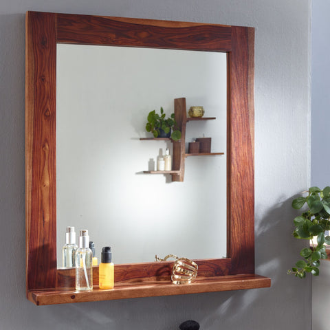 Rootz Bathroom Mirror - Design Wall Mirror with Shelf - Modern Hanging Mirror for Bathroom - Solid Sheesham Wood - 68x78x13 cm