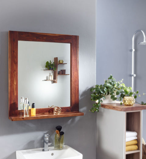Rootz Bathroom Mirror - Design Wall Mirror with Shelf - Modern Hanging Mirror for Bathroom - Solid Sheesham Wood - 68x78x13 cm