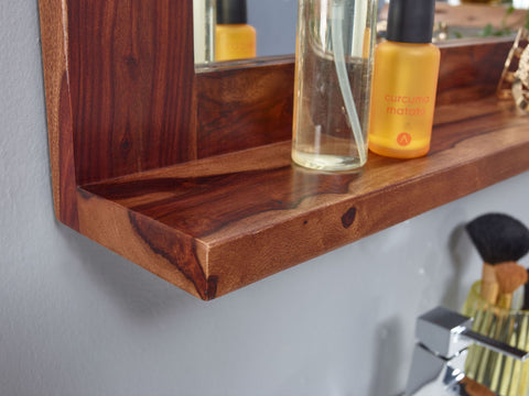 Rootz Bathroom Mirror - Design Wall Mirror with Shelf - Modern Hanging Mirror for Bathroom - Solid Sheesham Wood - 68x78x13 cm
