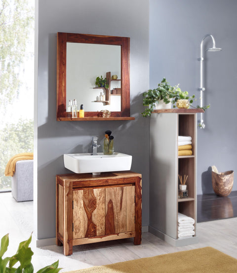 Rootz Bathroom Mirror - Design Wall Mirror with Shelf - Modern Hanging Mirror for Bathroom - Solid Sheesham Wood - 68x78x13 cm