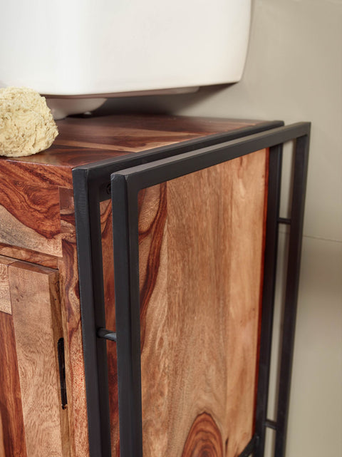 Rootz 2-Door Bathroom Cabinet - Solid Sheesham Wood - 68x63x42 cm - Industrial Style Standing Base Cabinet - Midi-Sized Small Bathroom Cabinet