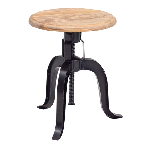 Rootz Swivel Stool - Round Industrial Standing Stool - Small Modern Bar Stool - Solid Acacia Wood - Black Metal - Adjustable Height - 39x62.5x39 cm