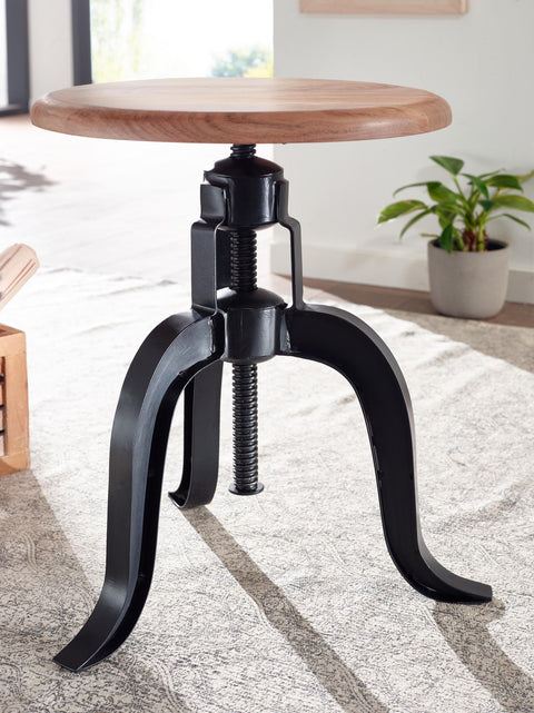Rootz Swivel Stool - Round Industrial Standing Stool - Small Modern Bar Stool - Solid Acacia Wood - Black Metal - Adjustable Height - 39x62.5x39 cm
