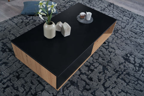 Rootz Coffee Table - Rectangular Living Room Table - Coffee Table with Storage and Drawers - Modern Table with Metal Legs - Oak Decor - Black MDF - 110x60x38 cm